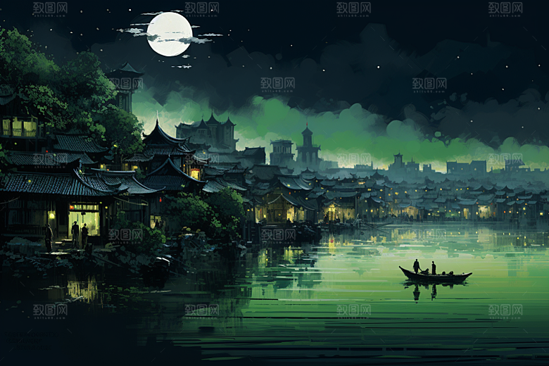 水墨江南小镇水乡插画