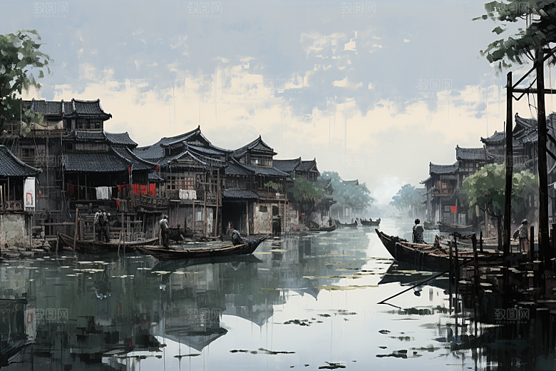 水墨江南晕染小镇插画