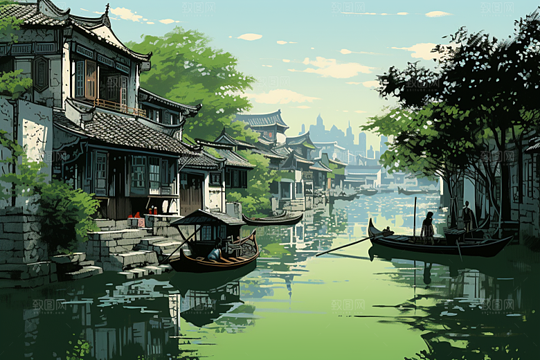 水墨江南粉墙黛瓦小镇插画