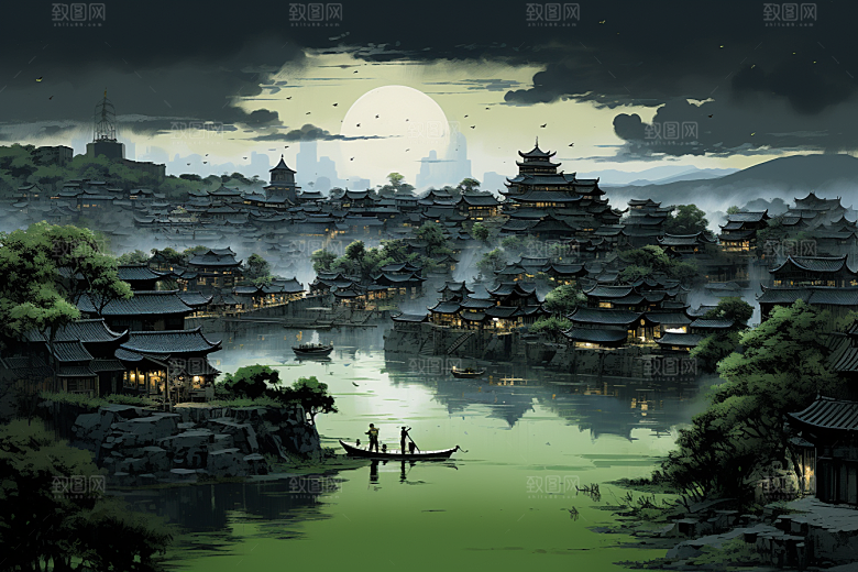 水墨江南水彩小桥流水插画