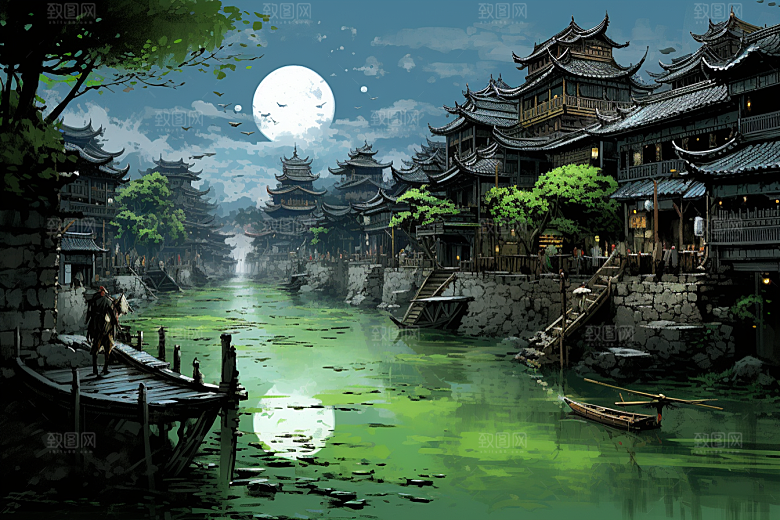 水墨江南中国风中式插画