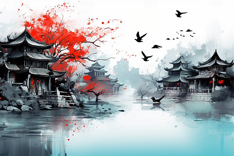 水墨江南水彩小镇插画