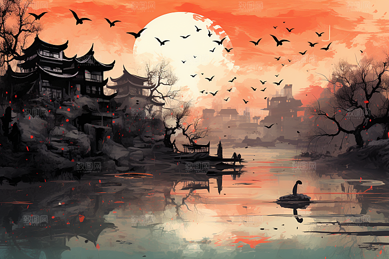 水墨江南小桥流水水彩插画