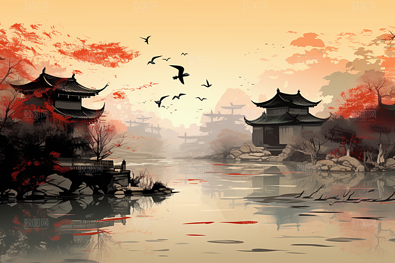 水墨江南水彩中国风插画