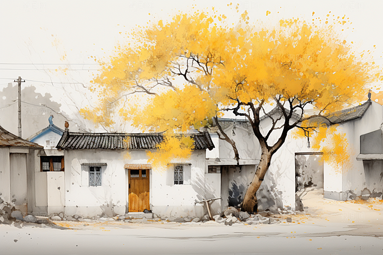 水墨江南小镇手绘插画