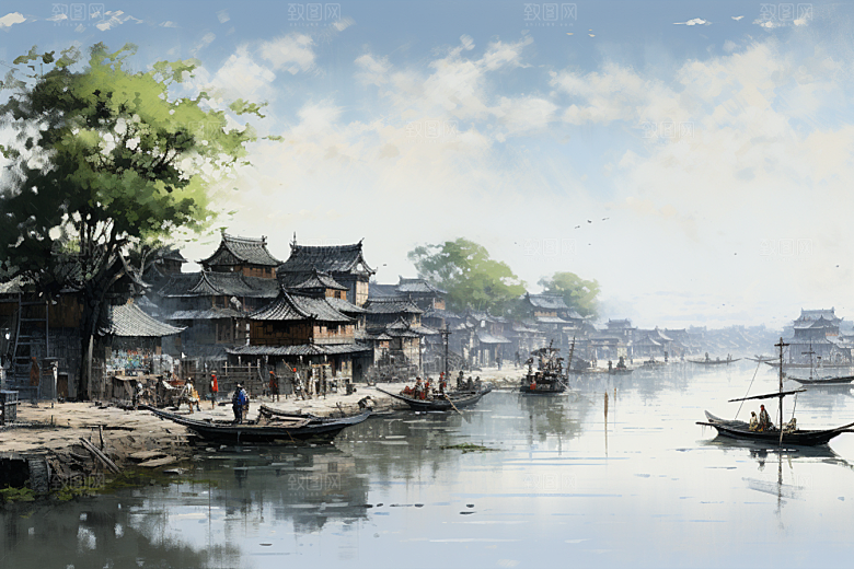 水墨江南粉墙黛瓦水彩插画