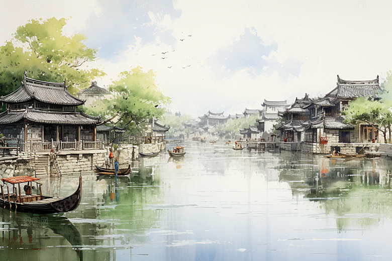 水墨江南水乡晕染插画
