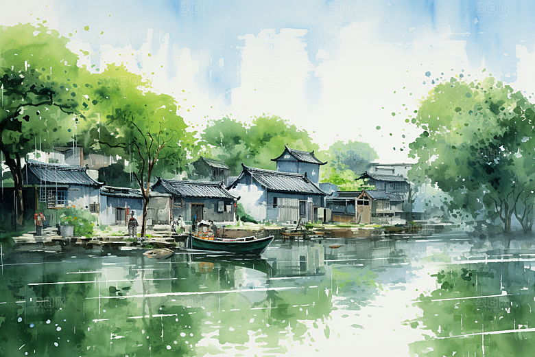 水墨江南水乡水彩插画