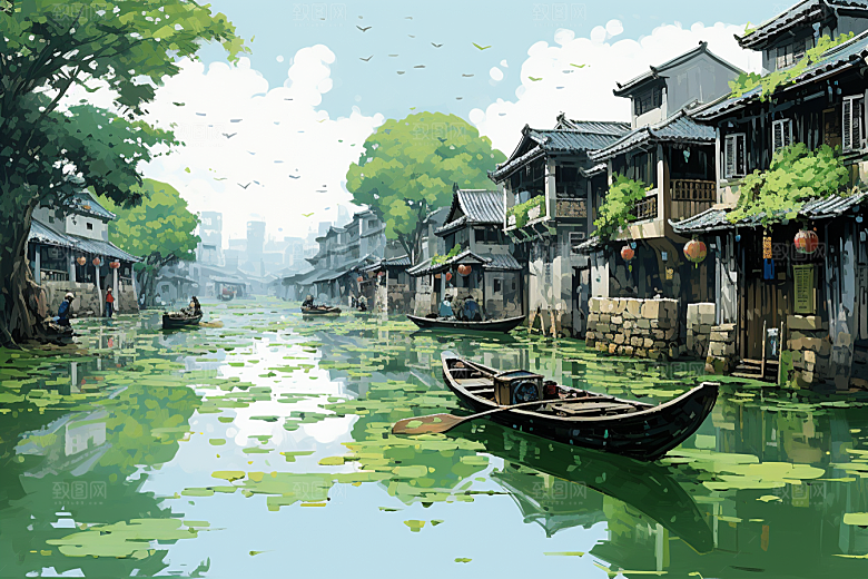 水墨江南水彩水乡插画