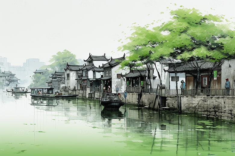 水墨江南水乡小桥流水插画