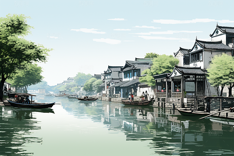 水墨江南水彩水乡插画