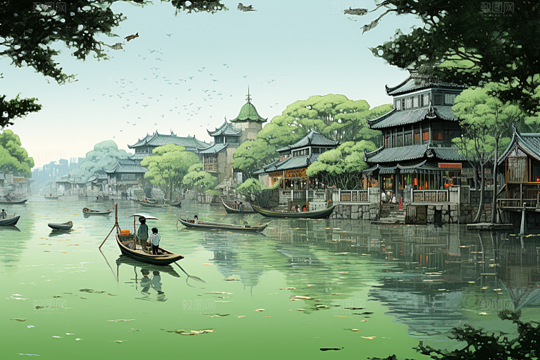 水墨江南手绘晕染插画