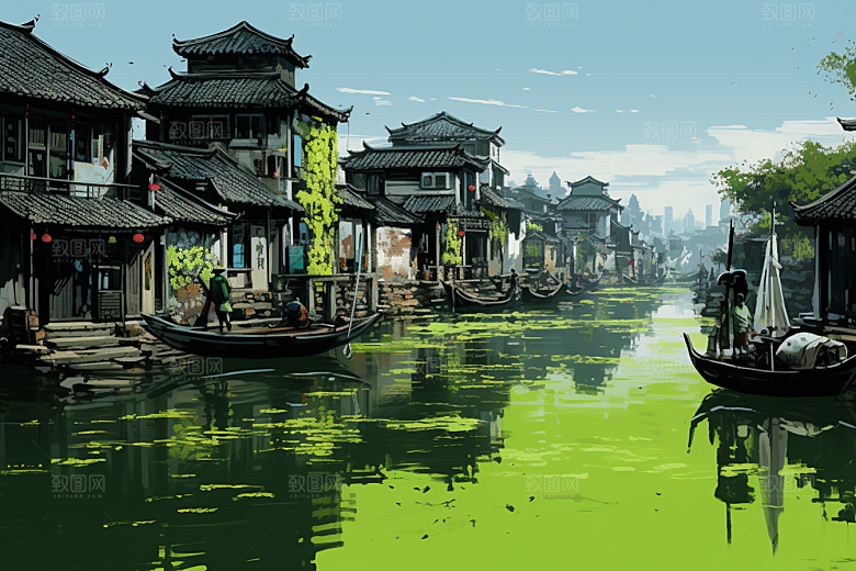 水墨江南小桥流水小镇插画