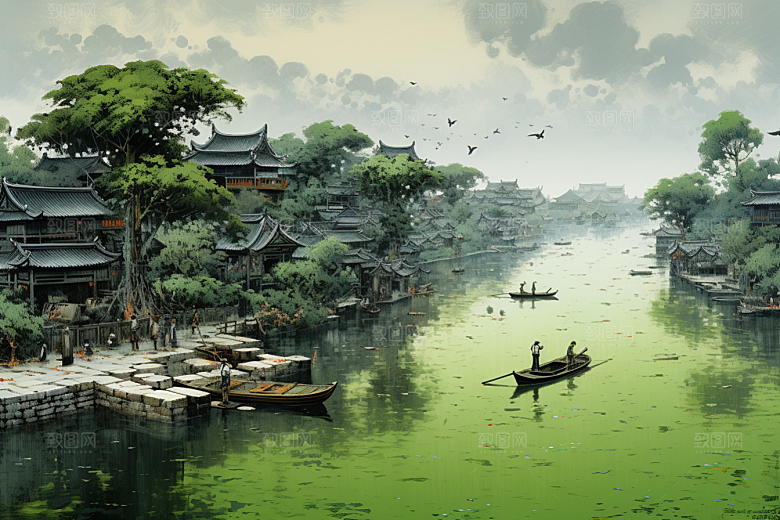 水墨江南手绘水彩插画