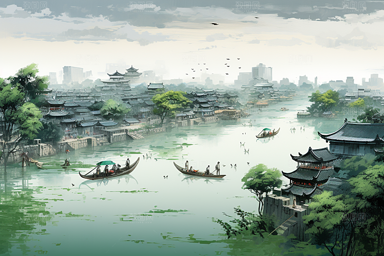 水墨江南手绘小桥流水插画