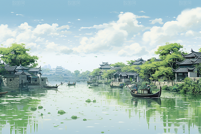 水墨江南水乡晕染插画