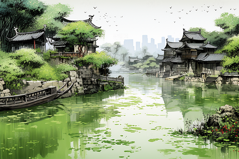 水墨江南中国风水乡插画