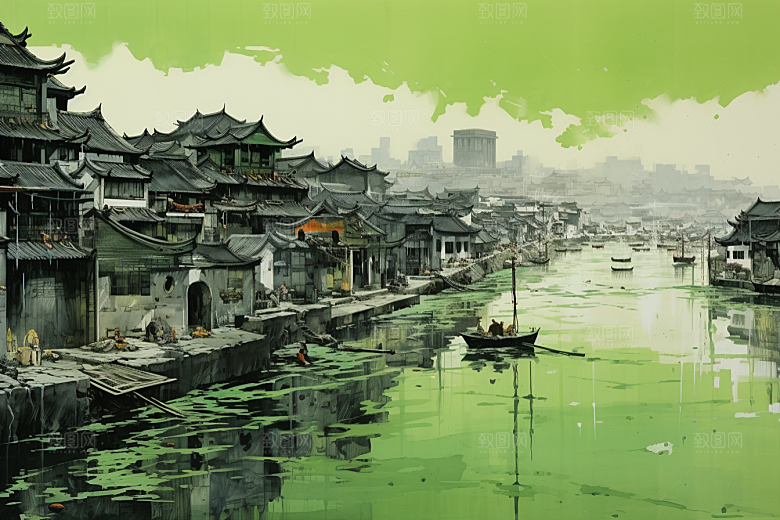 水墨江南水彩中国风插画