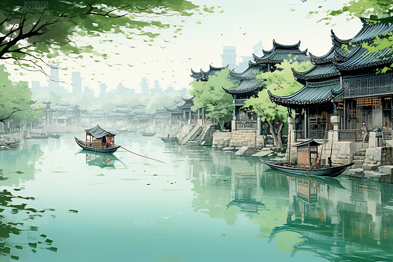 水墨江南水乡中式插画