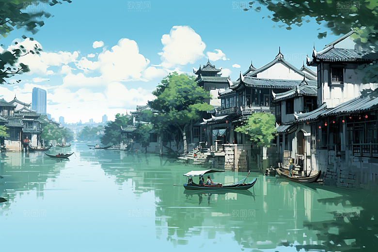 水墨江南粉墙黛瓦小桥流水插画