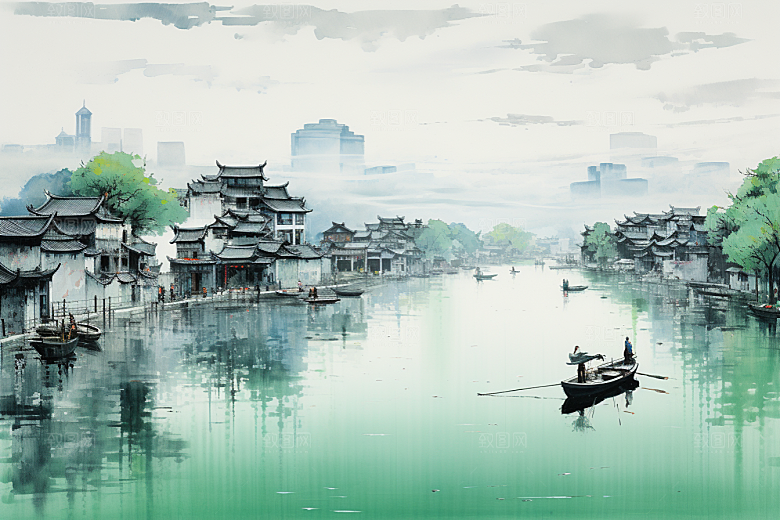 水墨江南晕染小镇插画