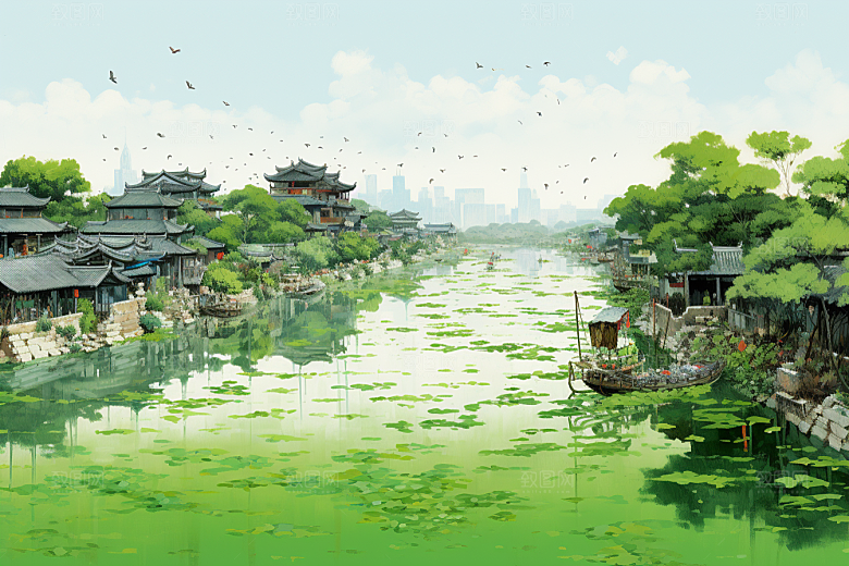 水墨江南晕染水乡插画