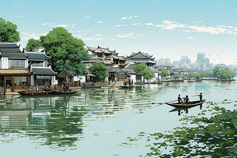 水墨江南水乡手绘插画