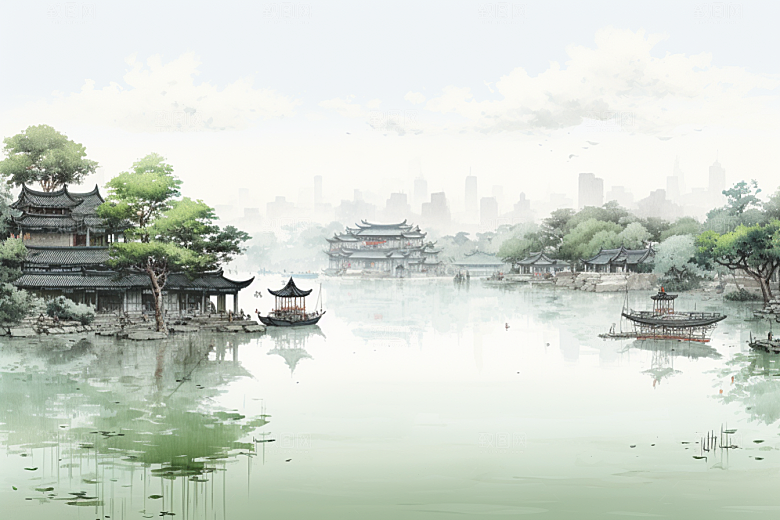 水墨江南手绘小镇插画