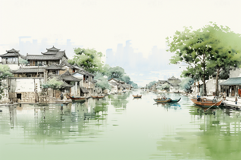水墨江南小镇中式插画