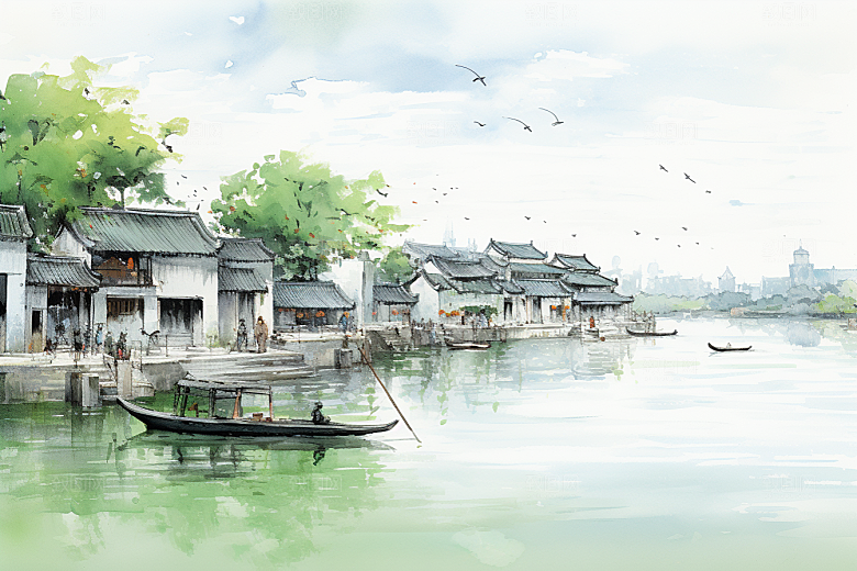 水墨江南粉墙黛瓦中式插画