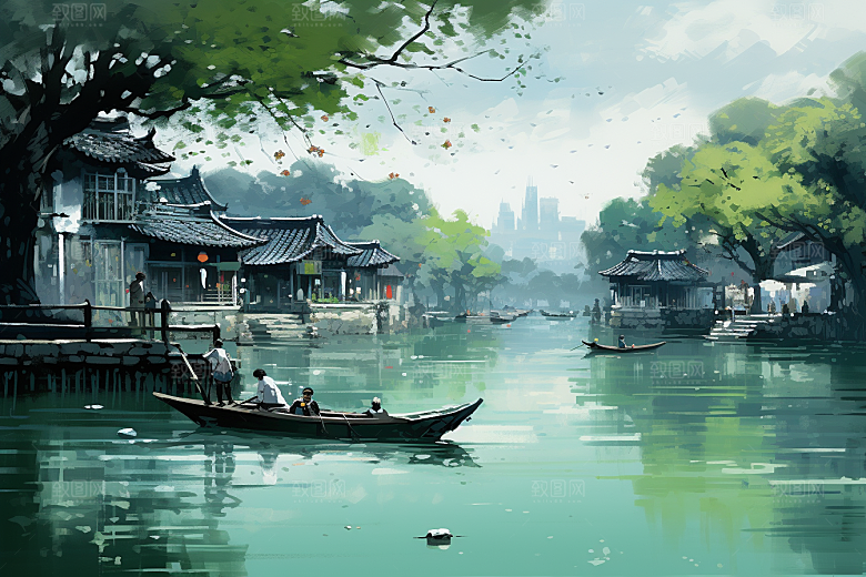 水墨江南水乡手绘插画