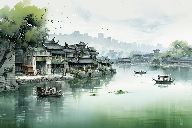 水墨江南水乡小镇插画