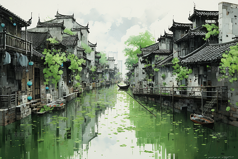 水墨江南水彩中国风插画