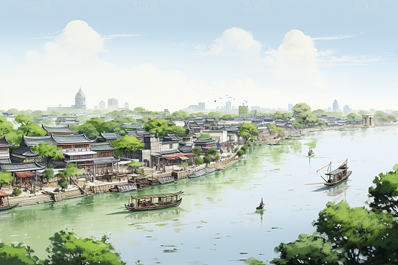 水墨江南小镇中国风插画