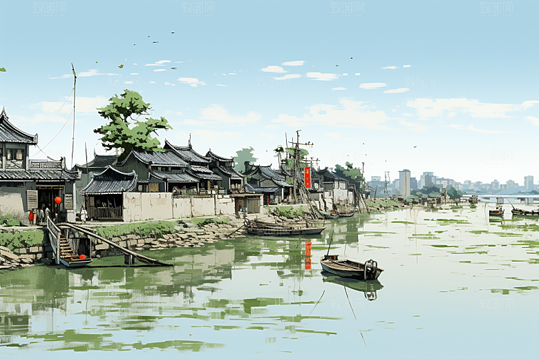 水墨江南晕染水乡插画