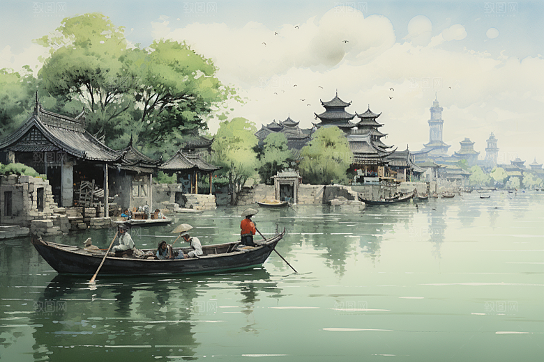 水墨江南小镇晕染插画