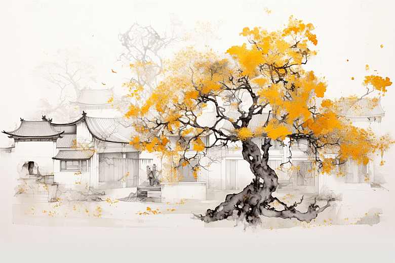 水墨江南小桥流水中式插画