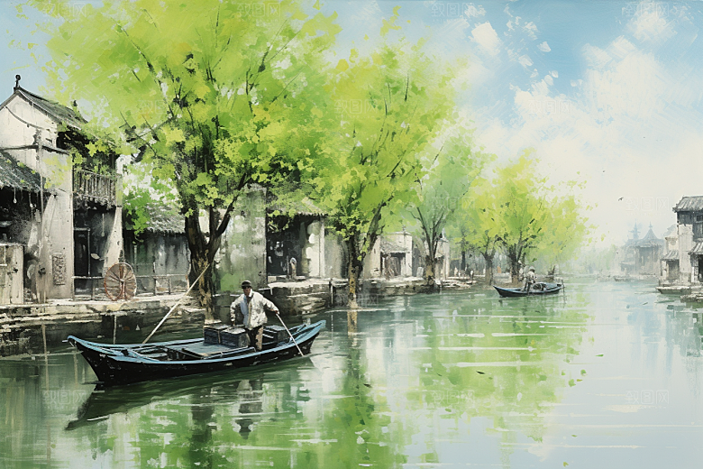 水墨江南中国风粉墙黛瓦插画