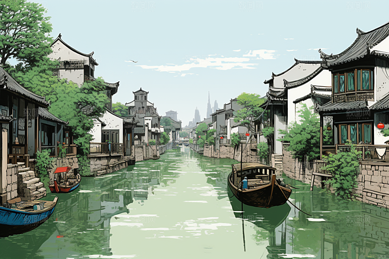 水墨江南粉墙黛瓦水彩插画