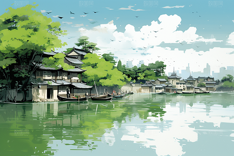 水墨江南小桥流水中国风插画