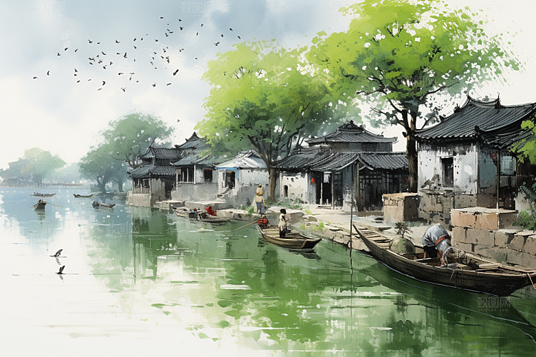 水墨江南粉墙黛瓦小桥流水插画