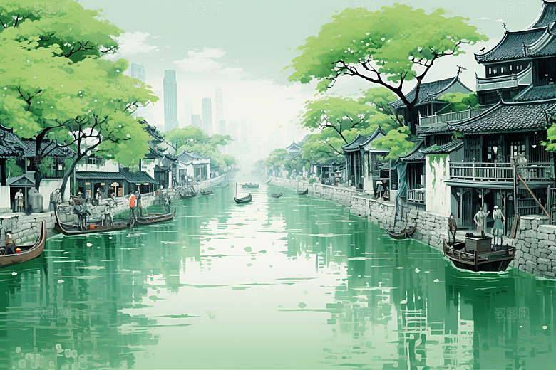 水墨江南小桥流水中国风插画