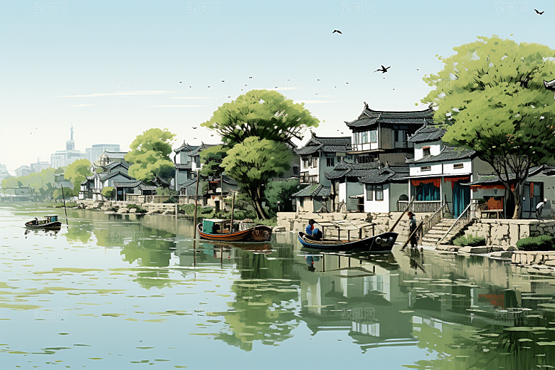 水墨江南中式晕染插画
