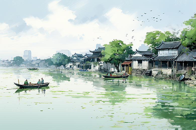 水墨江南手绘小镇插画