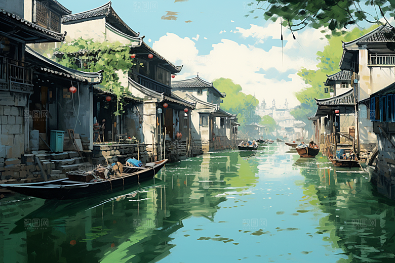 水墨江南水乡中国风插画