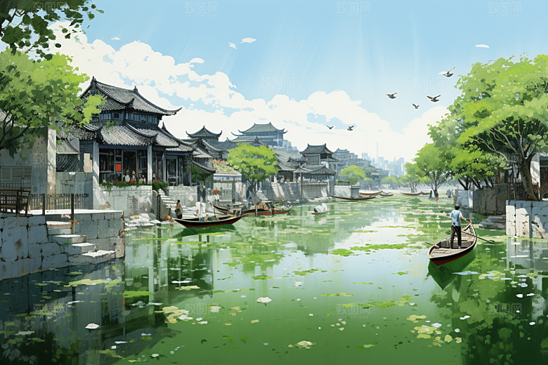 水墨江南水乡小桥流水插画