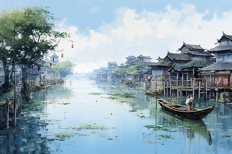 水墨江南中国风粉墙黛瓦插画