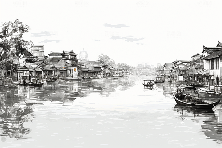 水墨江南晕染粉墙黛瓦插画