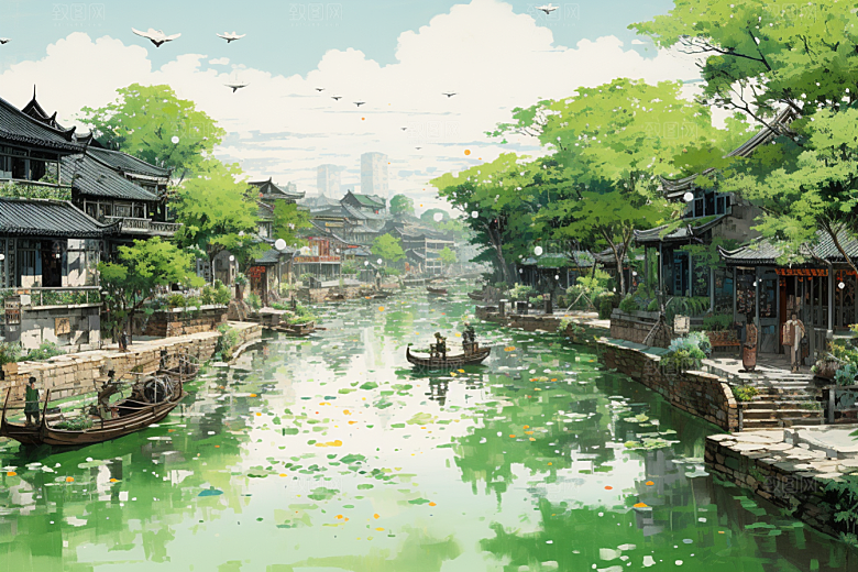 水墨江南水彩中国风插画