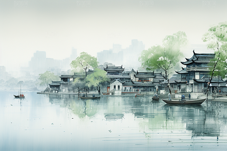 水墨江南水乡晕染插画